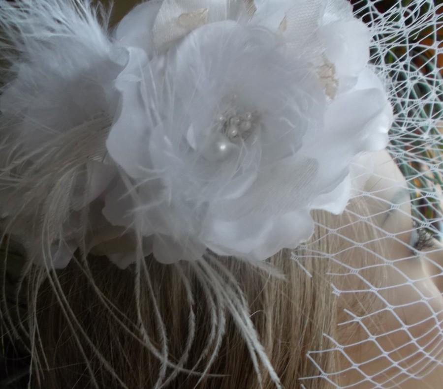 زفاف - Wedding Birdcage Veil /White flower feather fascinator/ Beaded prom headpiece/1920 Pearl crystal  headband