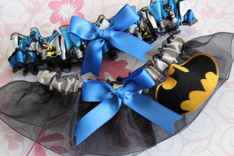Customizable handmade Black & royal blue Batman fabric handcrafted keepsake bridal garters wedding garter set 
