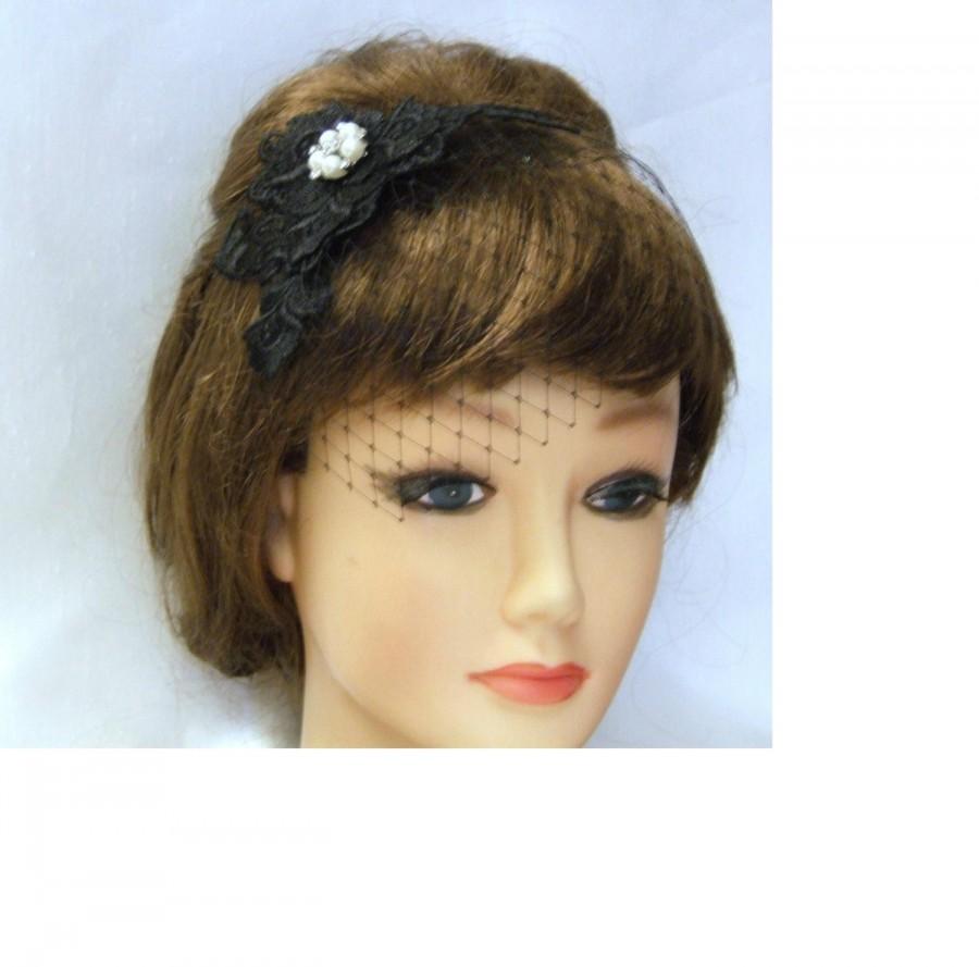 Hochzeit - Black Lace fascinatror Crystal Pearl Jewel Mini visor birdcage veil headpiece black Hair clip headband