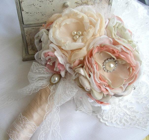 Hochzeit - Fabric Flower Wedding Bouquet - Vintage Style Bouquet - Blush Pink Ivory Peach Champagne Cream Light Coral Bridal Bouquet - Vintage Wedding