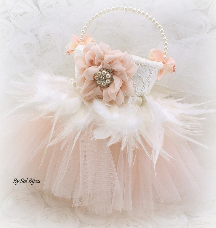 Hochzeit - Flower Girl Basket,  Ivory, Blush, Wedding, Bridal, Tutu Basket,Feather Basket, Tulle, Lace, Pearl Handle, Elegant, Vintage Wedding, Gatsby