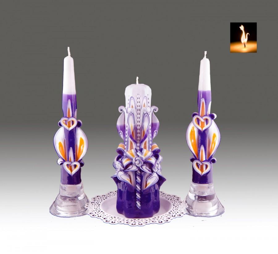 Wedding - Unity candle set, candles for weddings, wedding candles, carved candles, Plum and Yellow