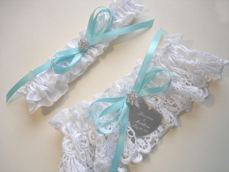 Hochzeit - Garters, Personalized Wedding Garter Set in White Venise Lace with Personalized Engraving, a Custom Color Bow and Rhinestones