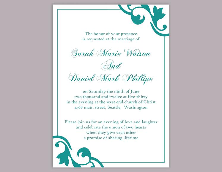 Свадьба - DIY Wedding Invitation Template Editable Word File Instant Download Elegant Printable Invitation Teal Wedding Invitation Blue Invitations