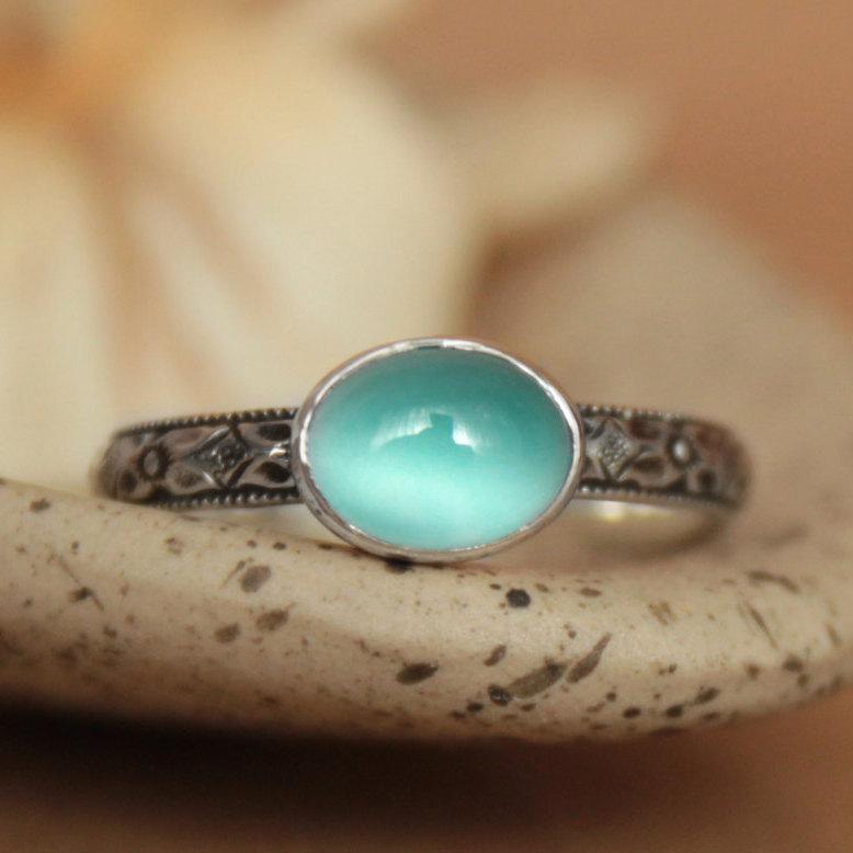 Hochzeit - Size 8 - Ready To Ship - Aquamarine Bezel-Set Diamond Renaissance Pattern Band In Sterling - Silver Unique Aqua Promise Ring - Gift For Her