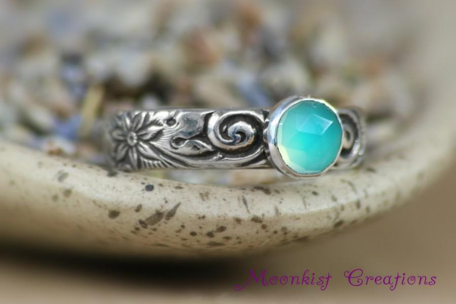 Mariage - Size 7 - Aqua Chalcedony Bezel-Set Solitaire In Sterling - Silver Spiral and Flower Promise Ring or Engagement Ring - Ready To Ship Gift