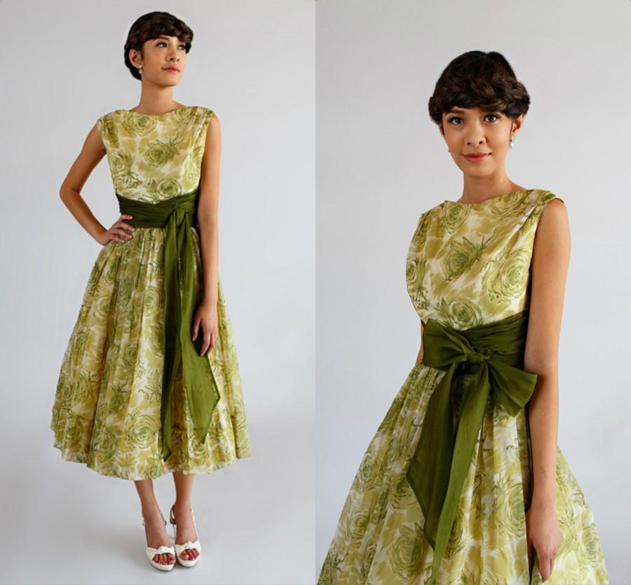 Hochzeit - Vintage 1950s Bridesmaid Dress/Jr. Theme Green Floral Chiffon Party Dress Mother of the Bride