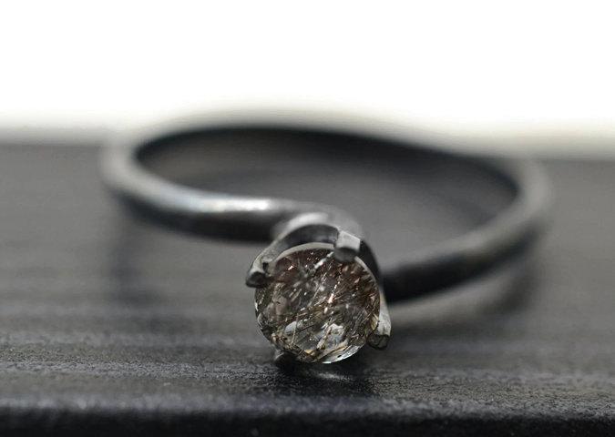 Hochzeit - Black Rutile Quartz Ring, Tourmalinated Quartz Jewelry, Artisan Ring, Oxidized Silver Ring, Natural Gothic Gemstone Ring