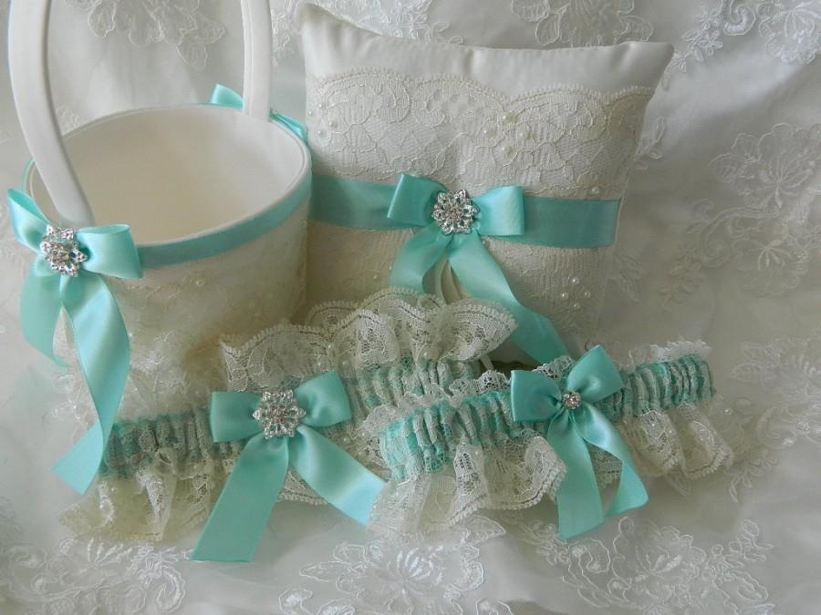 Свадьба - Wedding Ring Pillow With Garter Set  And Flower Girl basket Aqua Blue  And Ivory Chantilly Lace