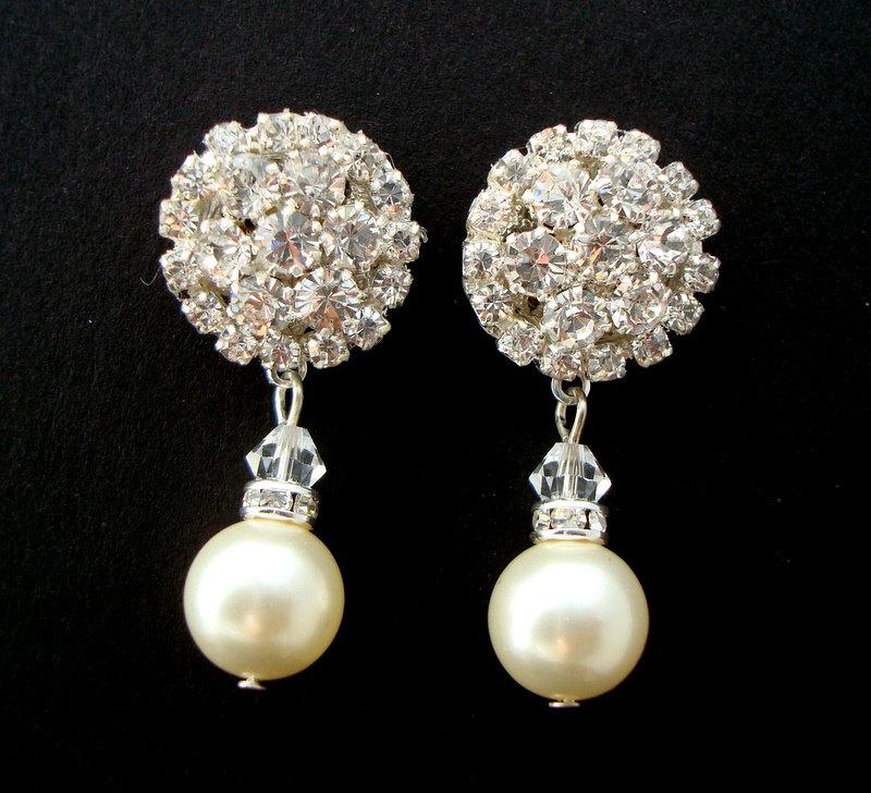 Hochzeit - Rhinestone Bridal Earrings, Pearl Rhinestone Earrings, Ivory Swarovski Pearls, Statement Bridal earrings, Bridal Stud Earrings, BRITNEY