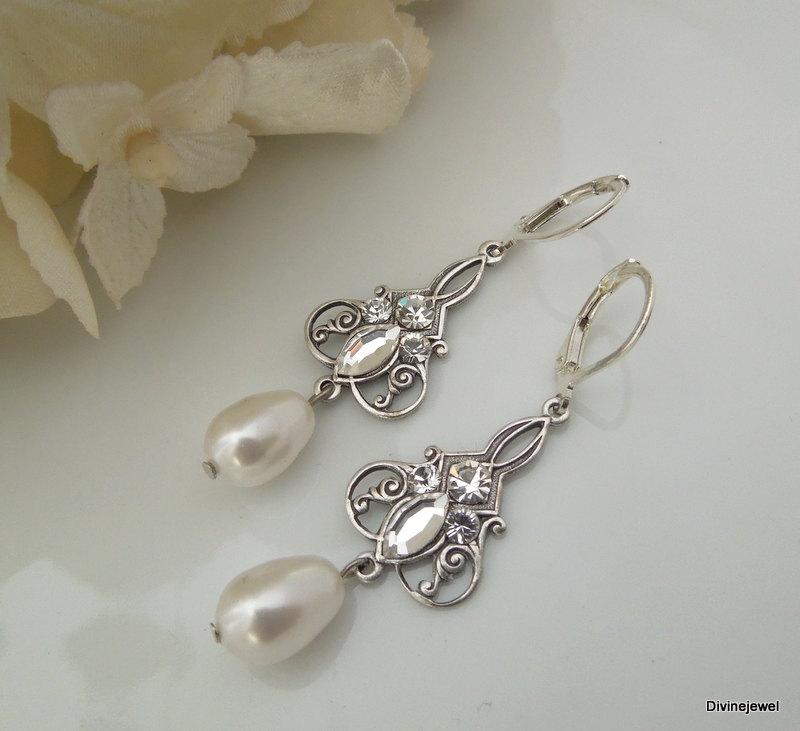 Mariage - Bridal Earrings,Ivory or White Pearls,Crystal Earrings,Bridal Rhinestone Earrings,Pearl Rhinestone Earrings,Teardrop Pearl,Crystal,IRMA