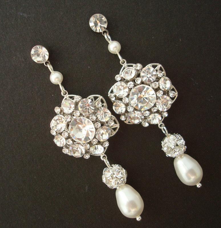 Hochzeit - Ivory or White Pearl,Bridal Wedding Earrings,Rhinestone Wedding Bridal Earrings,Chandeliers Earrings,Pearl Drops,Pearl,Bridal Earrings,SUSAN