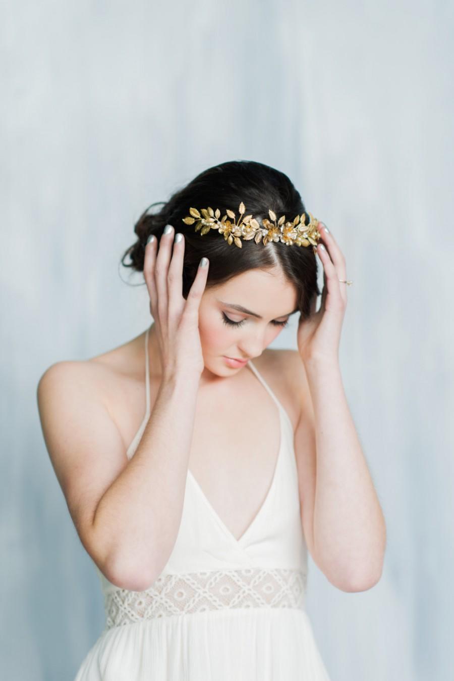Wedding - Gold Leaf Crown, Gold Crystal Crown, Leaf Crown, Floral Crown, Floral Tiara, Gold Tiara, Crystal Headpiece, Gold Headpiece, Tiara, MILLICENT