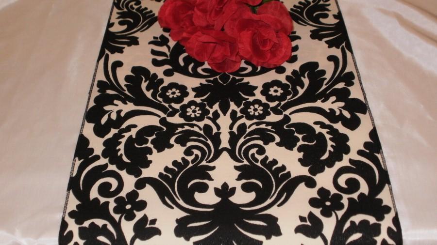 زفاف - BLACK IVORY DAMASK  Table Runner 13" wide  black ivory cream Waverly Onyx Essence Sunshade overlays
