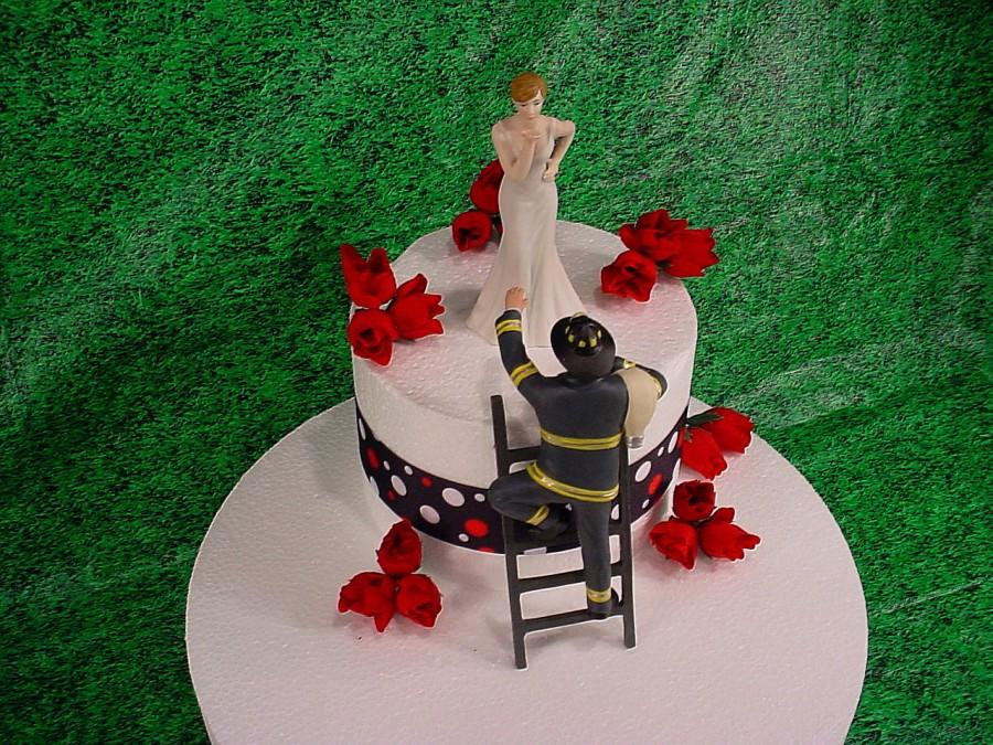 Hochzeit - Bride blowing Kisses and Fireman to the Rescue Groom Firefighter Wedding Cake Toppers Fire Hot Romantic Couple Personalized Figurines-1