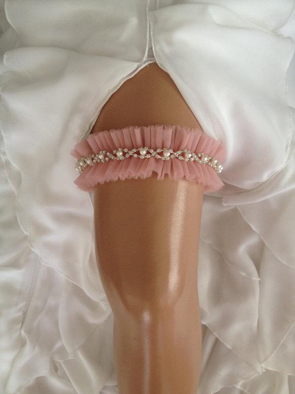 Hochzeit - wedding garter, blush pink bridal garter, pearl/rhinestone, gold/silver
