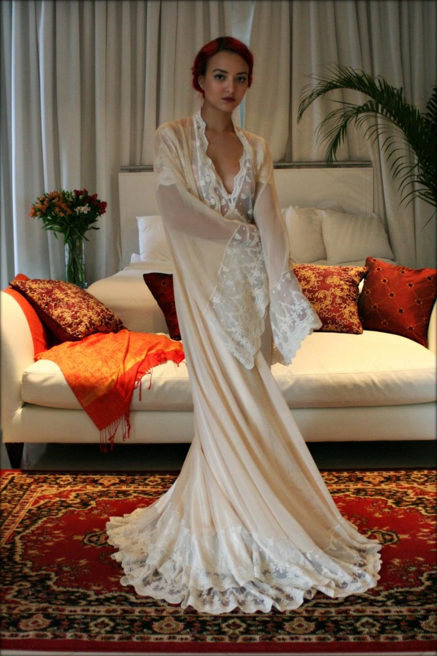 Hochzeit - Bridal Silk Robe Champagne Chiffon Bridal Lingerie Wedding Robe Bridal Robe French Versailles Lace Bridal Sleepwear Wedding Sleepwear