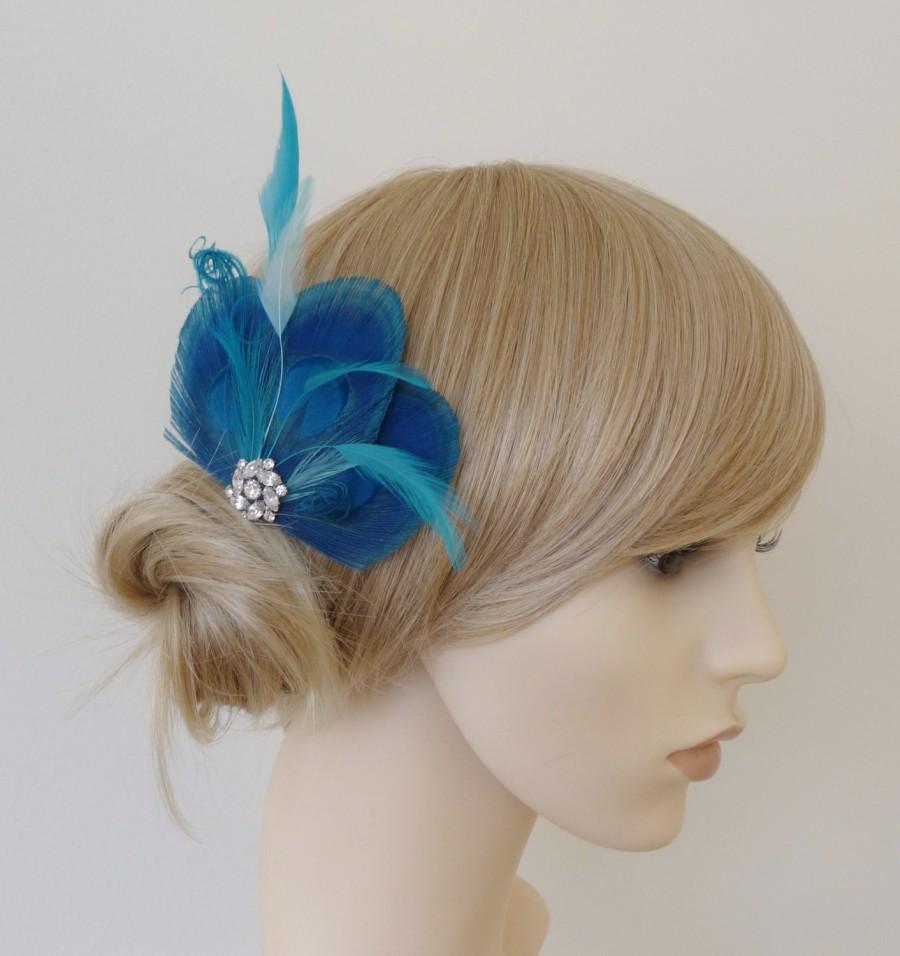 زفاف - Turquoise Blue Peacock Feather Hair Clip Crystal Fascinator Wedding Bridal Bridesmaid Hair Accessory 'Lizbeth''