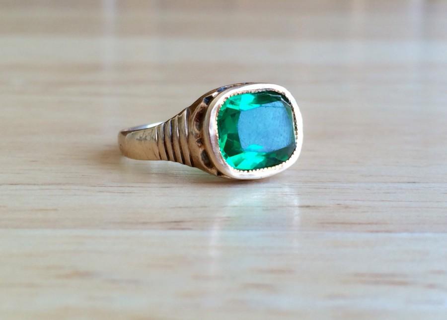 Wedding - Vintage Emerald Engagement Ring - 14kt Yellow Gold Quartz Simulated Emerald - Size 8 1/2 Sizeable Alternative Wedding Antique Fine Jewelry