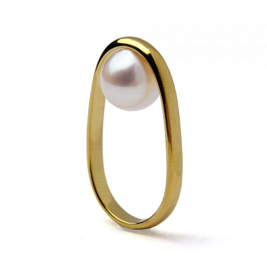 زفاف - OVERTURN 14k Gold Pearl Ring,  Gold Pearl Engagement Ring, Unique Pearl Ring, Large Pearl Ring, Minimalist Gold Ring, Statement Ring