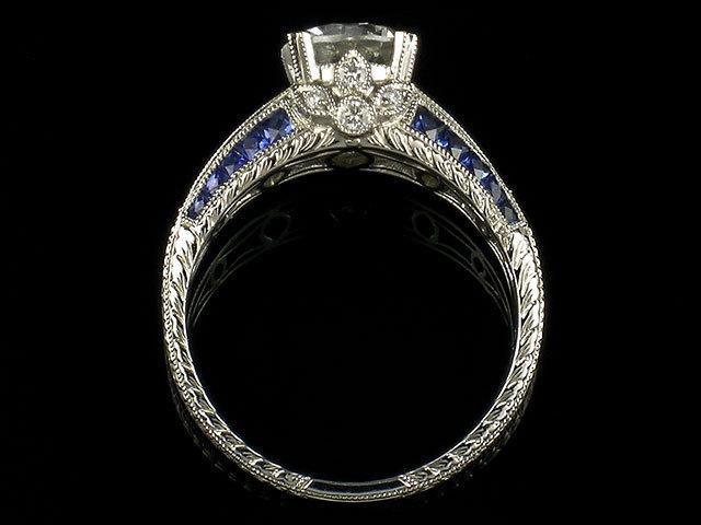Mariage - Edwardian Style 14k White Gold Diamond and Blue Sapphire Hand Engraved semi mount  engagement ring, setting only, for 6.5 mm center stone