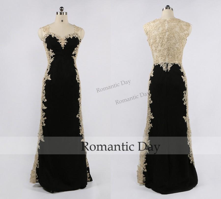 Hochzeit - Women Elegant Champagne Appliques See Through Back Black Long Evening Dress/Evening Party Dress/Prom Dress/Custom Made 0444