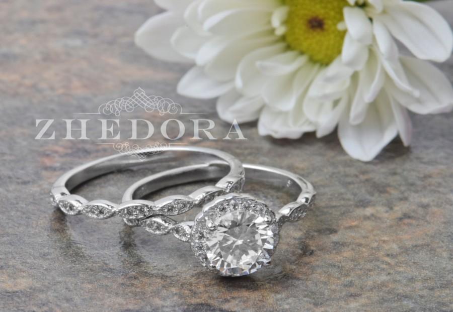 Wedding - Engagement Ring Set Round Cut Halo Simulated Diamond Bridal Set Sterling Silver Rhodium Plated Nickel Free ZHEBGR01006
