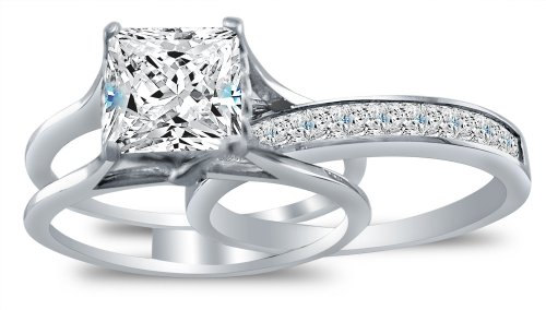 Hochzeit - 3.35 CT Princess Cut Engagement Bridal Ring band set Solid 14k White Gold, Matching Channel Set Wedding Band, Lab Created Diamond