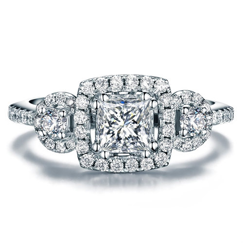 Wedding - Princess Shape Halo Diamond Engagement Ring 14k White Gold or Yellow Gold Art Deco Diamond Ring