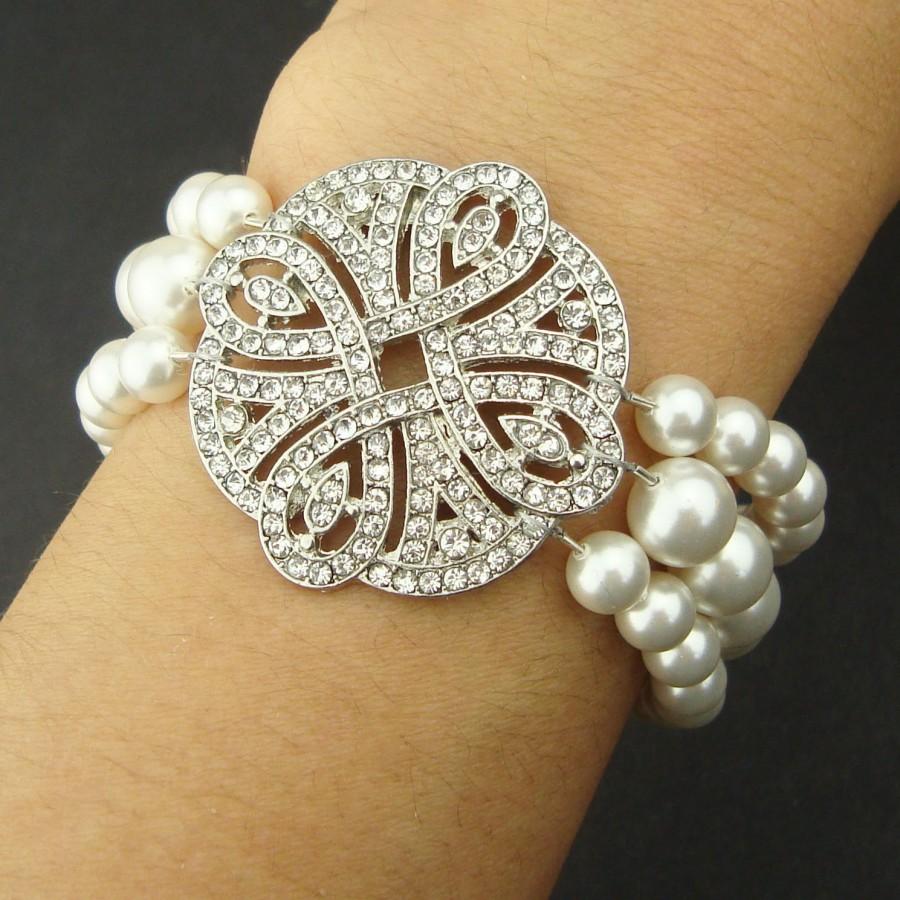 Hochzeit - Vintage Style Bridal Bracelet, Pearl Wedding Bracelet, Art Deco Style Bridal Wedding Jewelry, Filigree Rhinestone  Bracelet, ARDEN