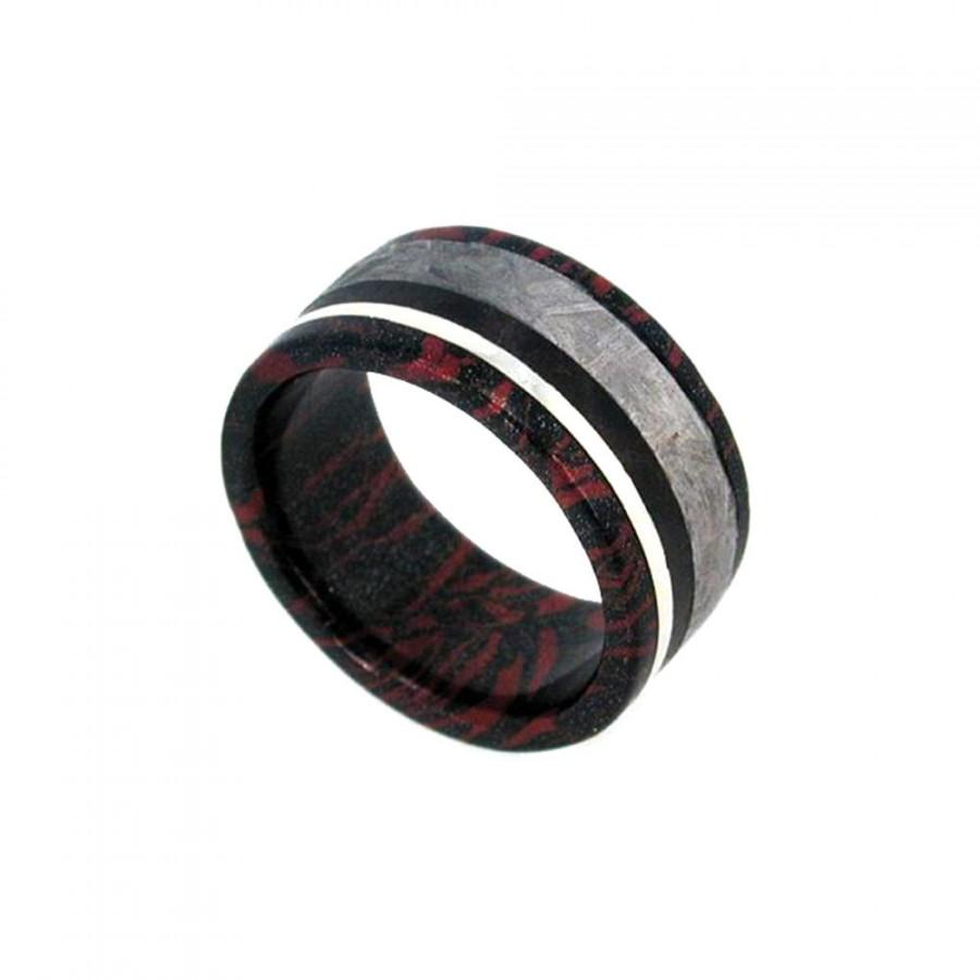 زفاف - Mokume Gane Ring with Gibeon Meteorite, Red Wood and Palladium inset, Waterproof