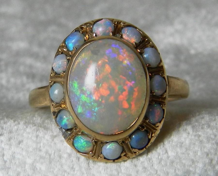 Mariage - Opal Ring Antique 14K Rose Gold Blue Black Opal Engagement Ring Antique Australian Black Opal Halo Ring, October Birthday