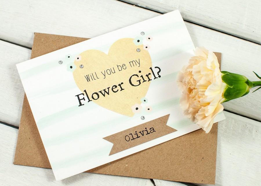 زفاف - Will You Be My Flower Girl Card - Floral Watercolour Mint Stripe personalised