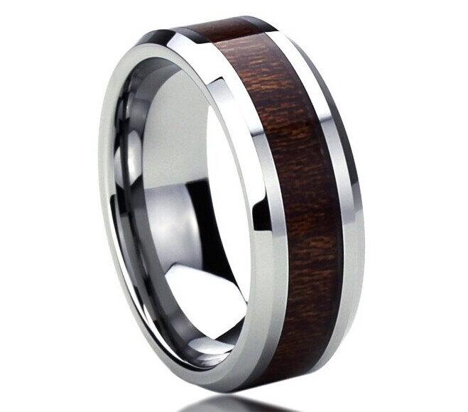 Hochzeit - Titanium Wedding Band, Titanium Ring,Titanium Engagement Ring, 8MM Titanium Comfort Fit Wedding Band Ring Wood Grain Inlay Beveled Edges