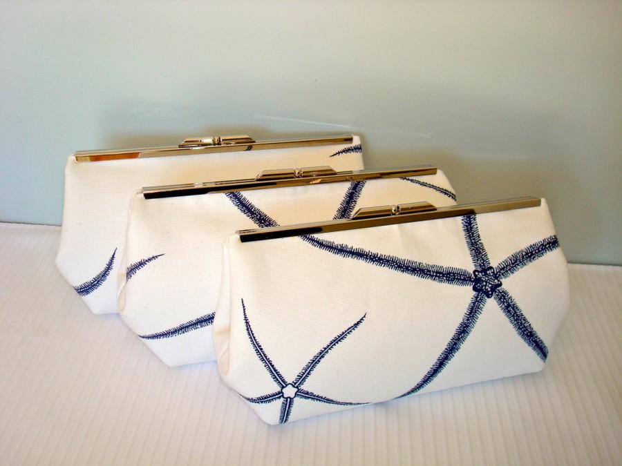 Свадьба - Free US Shipping Three Beach Wedding  Bridesmaids Navy Blue White Cotton Linen Coastal Nautical Sea Star Starfish Clutches