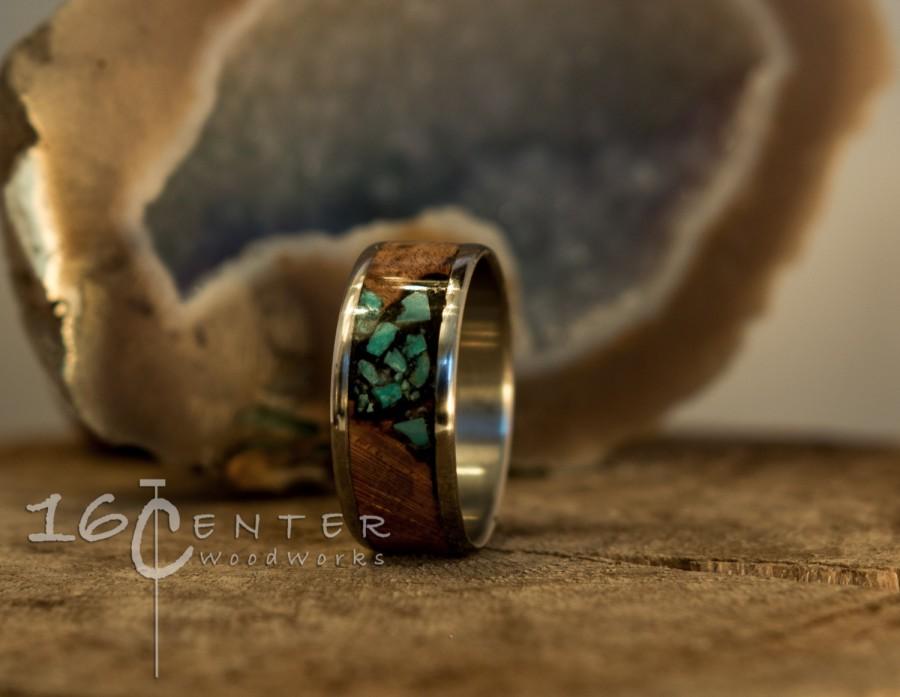 زفاف - Bentwood Ring, Stainless Steel, Black Cherry Burl, Bentwood Ring with Natural Turquoise Inlay