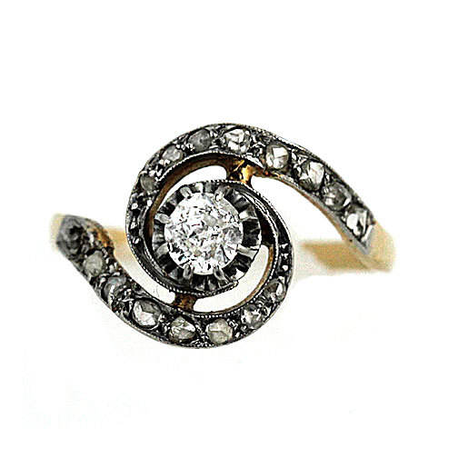 زفاف - Antique Bypass Ring.51ctw Old Mine Cut Diamond Platinum 18 K Rosy Yellow Gold Victorian Engagement Ring Size 6.25!