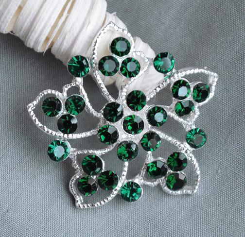 Hochzeit - 5 Large Rhinestone Button Embellishment Dark Emerald Green Crystal Wedding Brooch Bouquet Invitation Cake Decoration BT384