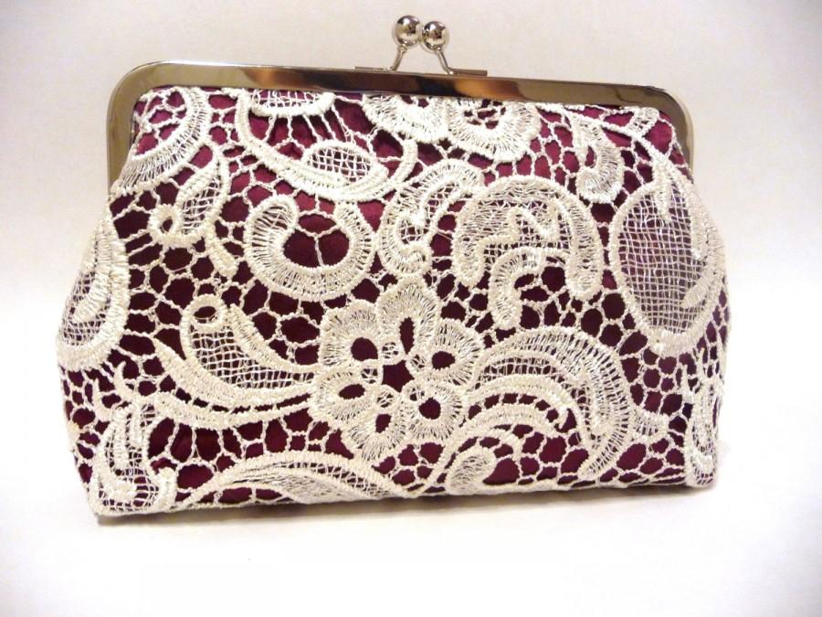 Mariage - Burgundy Lace Clutch, Satin Bridal Clutch with Lace Overlay, 8 Inch Frame, Red Wedding Purse