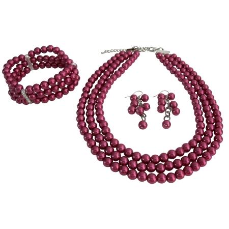 Свадьба - Three Stranded Watermelon Pearl Necklace Earrings Stretchable Bracelet Mother Of Bride