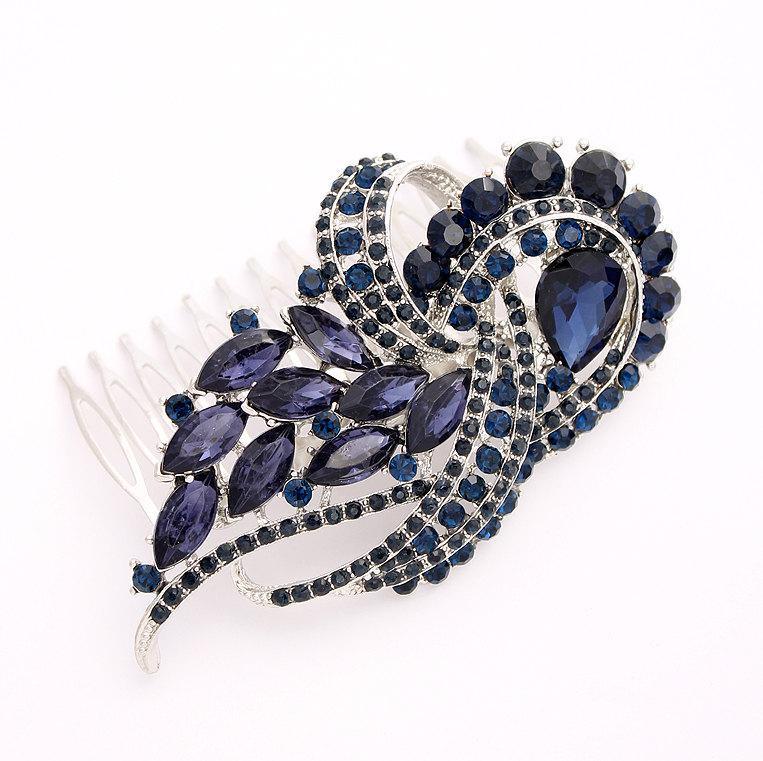 Mariage - Navy Blue Hair Comb Sapphire Midnight Blue Wedding Prom Hair Accessory Bridal Bridesmaid Hair Piece Something Blue Jewelry Combs Headpiece
