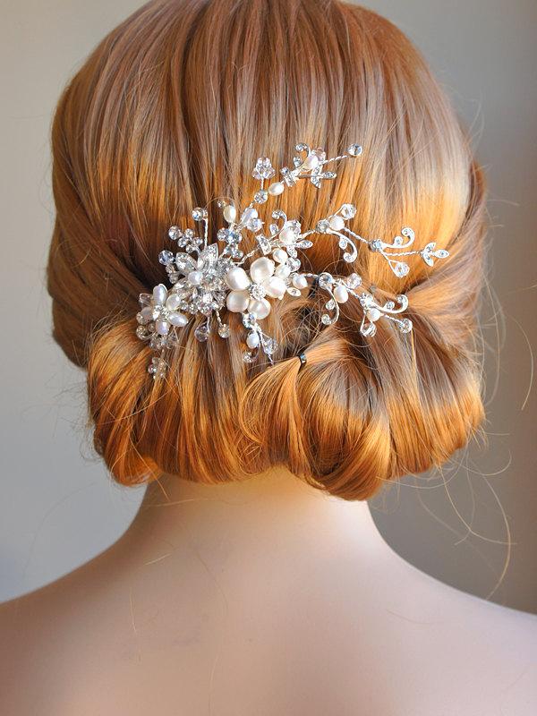 زفاف - Bridal Hair Accessories, Crystal Wedding Hair Comb, Swarovski Pearl and Freshwater Flower and Leaf Rhinestone Headpiece, Hairpiece, CLARETTE