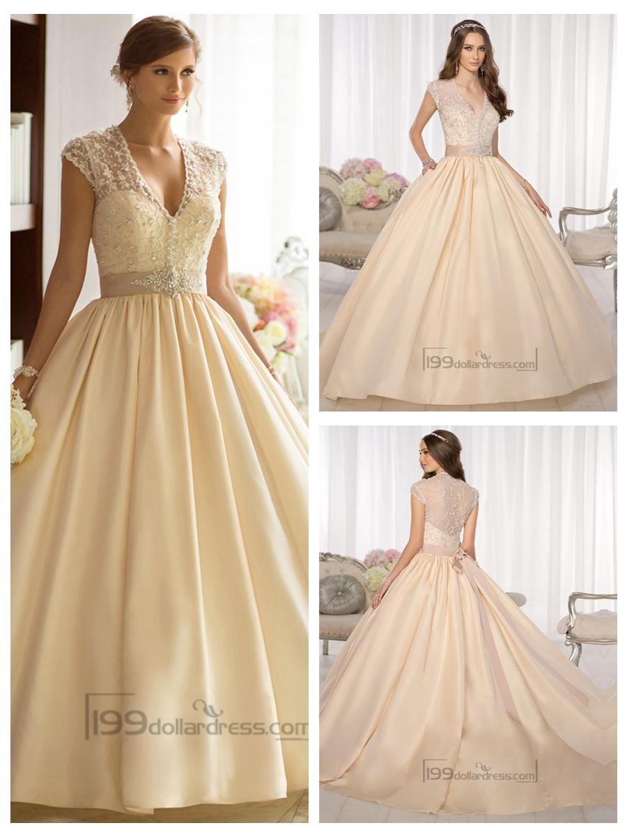 Wedding - Elegant Cap Sleeves V-neck Princess Ball Gown Wedding Dresses with Beaded Illusion Jacket