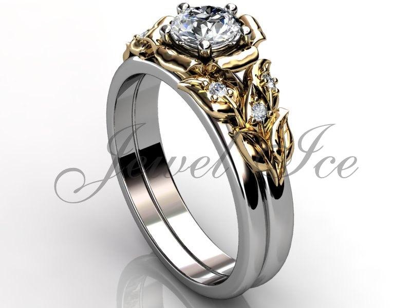 زفاف - 14k two tone white and yellow gold diamond unusual unique flower engagement ring, wedding ring, flower engagement set ER-1066-4