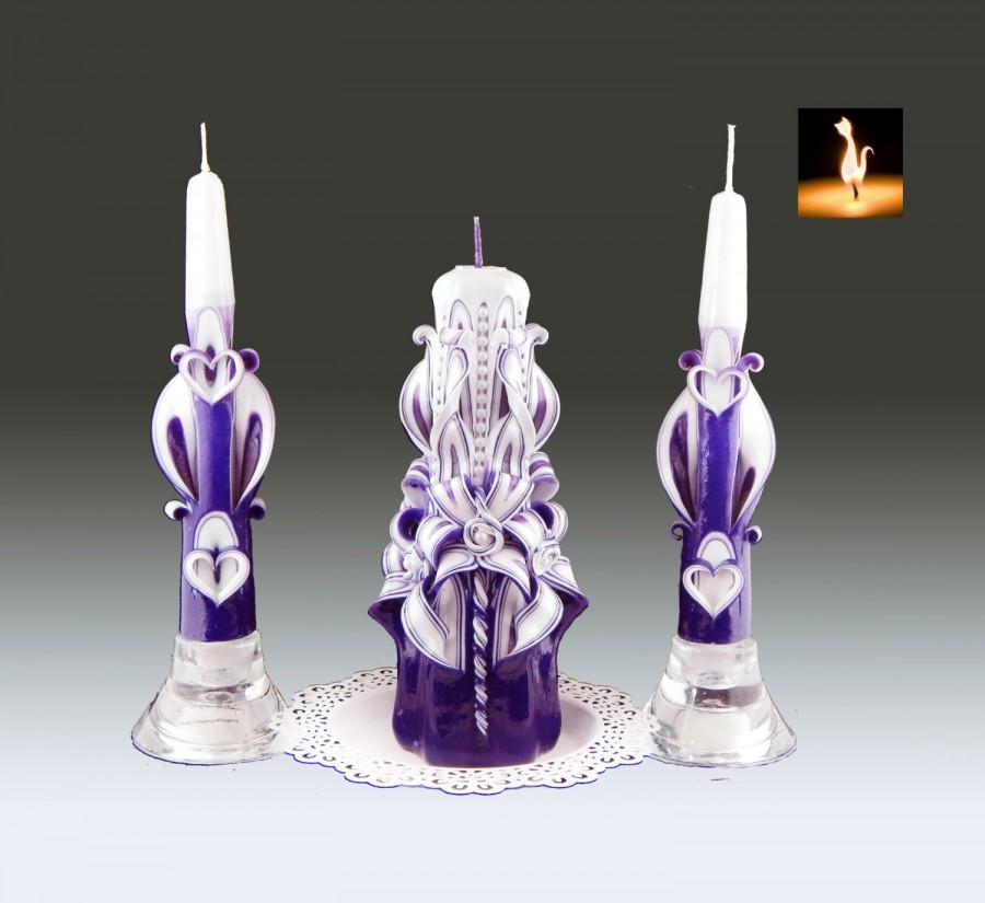زفاف - Plum colour unity candle set, Wedding candles set, carved candle, wedding ceremony , 