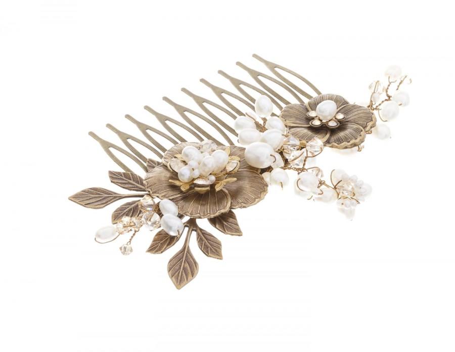 زفاف - Antique Brass Bridal Hair Comb, Wedding Hairpiece, Floral Headpiece, Swarovski Crystal Pear Haircomb,Vintage Hair Accessories