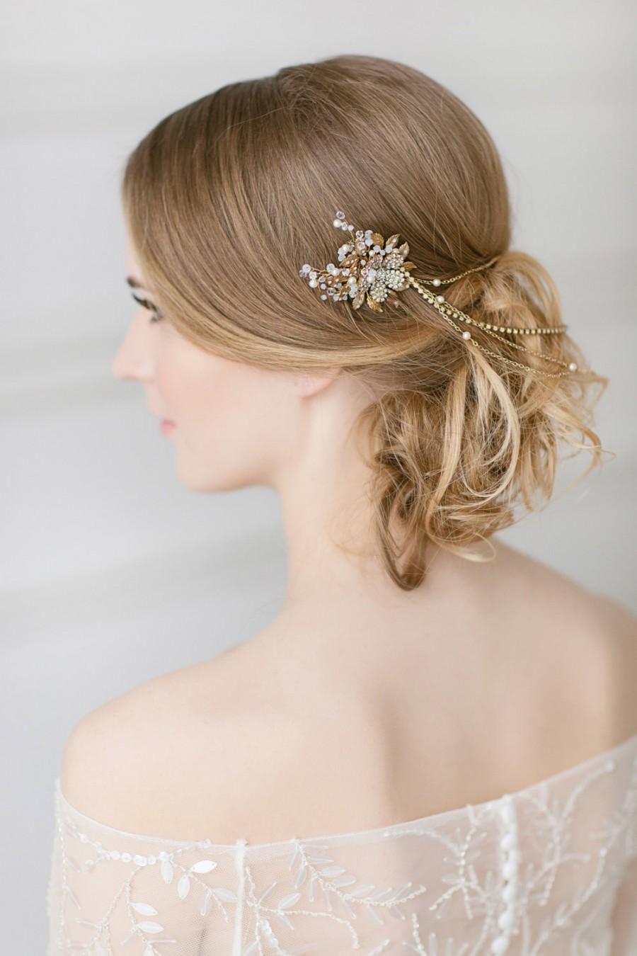 Wedding - Bridal Hair Chain , Gold Wedding Hair Wrap , Boho Hair Accessory , Vintage Floral Hair Wreath , Opal Golden Shadow Swarovski Hairpiece