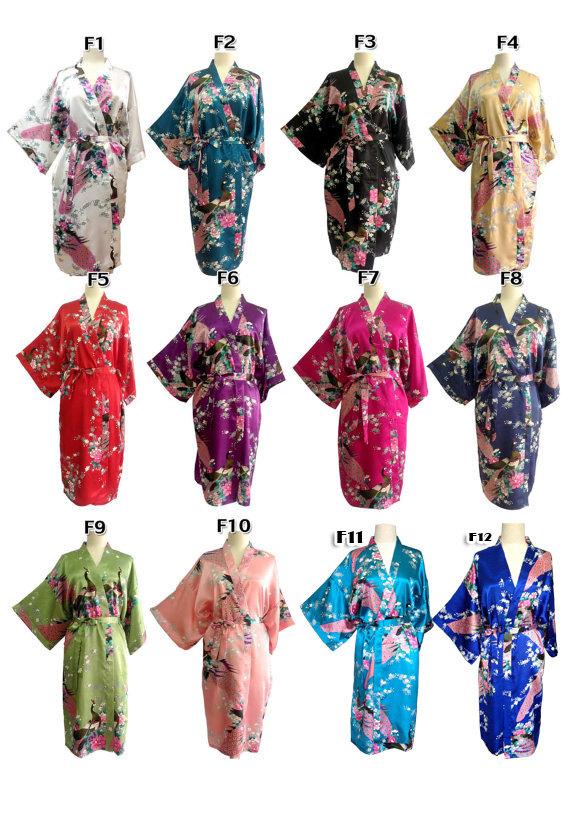 Mariage - On Sale Set of 6, Kimono Robes Bridesmaids Silk Satin Mix Colour Paint Peacock Designs Pattern Gift Wedding dress for Party Free Size
