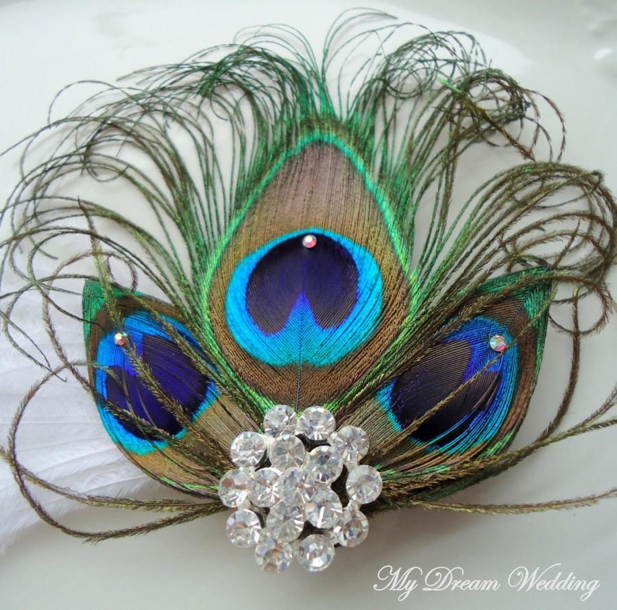 Wedding - Peacock Headpiece. Peacock hair clip with SWAROVSKI Crystals  and AB Rhinestone center -EMILY-