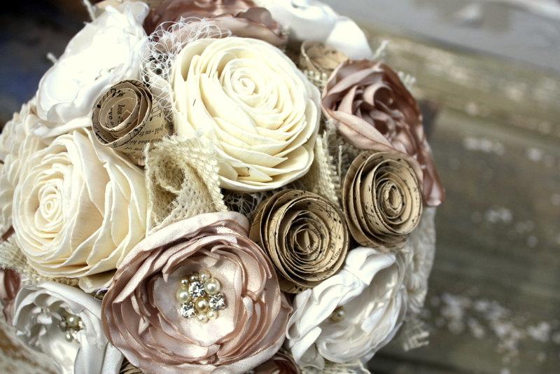Wedding - Wedding bouquet, Custom Fabric flower and vintage sheet music bouquet, champagne and Ivory burlap fabric flower bouquet
